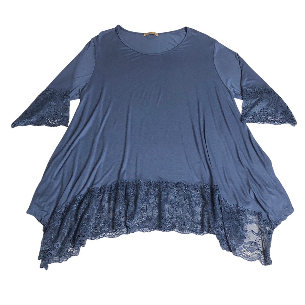 Beyond Capri Tunic Top Womens OS Blue Oversized Lace Hem Lagenlook Boho Italy - Picture 2 of 16
